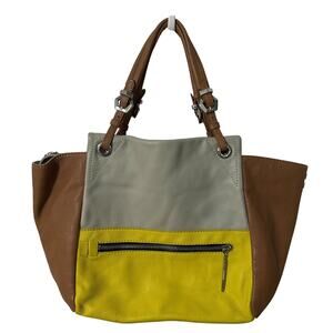 Dr. Yany Colorblock Leather Tote Bag Gray Yellow Brown Large Purse Handbag